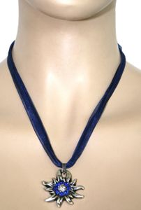 German Wear, Trachtenkette Edelweiß Satin Chiffon Straßsteine Metall Tracht Kette 3,5cm dunkelblau