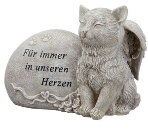 Gartenfigur Grabdeko Katze mit Spruch und Engelsflügeln 17 cm grau