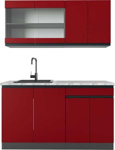 Vicco Singleküche R-Line, 140 cm , AP Marmor, Rot/Anthrazit