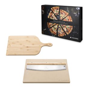 Navaris Pizzastein für Backofen Grill aus Cordierit - 38x30cm Pizza Stein für Ofen mit Pizzaschaufel und Mezzaluna Messer - inkl. Rezeptbuch - Beige