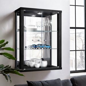 K-Möbel Hängevitrine in Schwarz (80x60x25 cm) mit 2 höhenverstellbaren Glasböden, Spiegel & LED - Glasvitrine hängend - Wandvitrine - Regal Glas