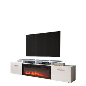 Mirjan24 TV-Lowboard Rova mit Elektrischem Kamin, Stilvoll TV Schrank (Farbe: Weiß Matt / Weiß Hochglanz, mit weißer LED Beleuchtung)