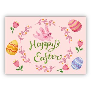 4x Entzückende handgemalte Osterkarte mit Tulpen, Ostereiern und Häschen in rosa "Happy Easter"