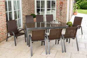 Merxx Varese Gartenmöbelset 9tlg., 8 Stapelsessel, Ausziehtisch 180 (240) x 100 cm, Aluminium/Kunststoffgeflecht Merxx Varese Gartenmöbelset 9tlg., 8 Stapelsessel, Ausziehtisch 180 (240) x 100 cm, Aluminium/Kunststoffgeflecht