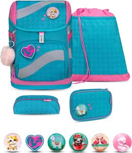 Belmil Smarty ergonomisches Schulranzen Set 5-teilig "Hearts and Dots" mit Brustgurt, Hüftgurt, Magnetverschluss, Patch Set 6 Stück