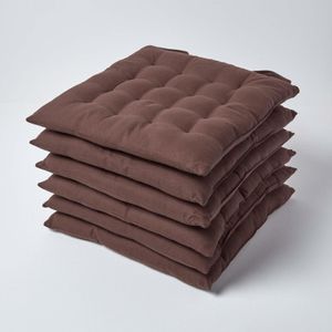 HOMESCAPES Sada 6 polštářů na sezení ze 100% bavlny, 40 x 40 cm, hnědá barva