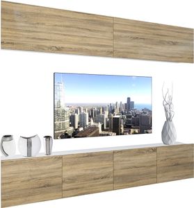 BELINI Wohnwand Vollausstattung Wohnzimmer-Set Moderne Schrankwand mit LED-Beleuchtung Weiß Glänzend Anbauwand TV-Schrank Sonoma Eiche Matt