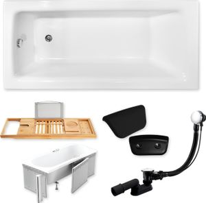 Badewanne Rechteck Set 6in1 150x70 mit Premium Ablaufgarnitur und Füßen GRATIS + Styroporverkleidung + Bambus Holzablage + Kopfstütze in Schwarz | BADLAND TALIA
