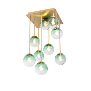 QAZQA - Art Deco Art-Deco-Deckenlampe Gold I Messing mit grünem Glas 9 Lichter - Athen I Wohnzimmer I Schlafzimmer - Stahl Quadratisch - LED geeignet G9