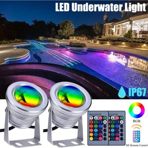LED RGB Unterwasser Teichbeleuchtung Unterwasserstrahler, Wasserdicht Aquarium Pool Lampe 10W 12V mit Fernbedienung, Silber, 2 M Linie