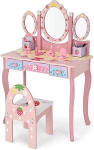 Dětský toaletní stolek COSTWAY, toaletní stolek pro princezny se skládacím zrcadlem, stoličkou na líčení a 3 zásuvkami, toaletní stolek pro děti a dívky (růžový)