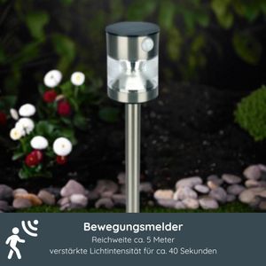 MeLiTec Solarleuchte SO49, aus Edelstahl, matt gebürstet, mit Bewegungsmelder, Ø 10 cm, 6 LEDs, bis zu 6 Stunden Leuchtdauer, 50 cm hoch