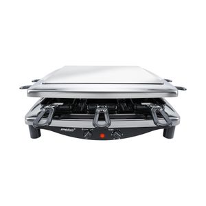 Premium Raclette mit Edelstahlgehäuse, Wendbare Edelstahl-Grillplatte, 8 emaillierte Pfännchen, Stufenloser Temperaturregler, Leichte Reinigung