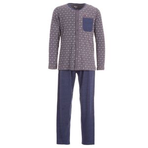 Herren Pyjama lang Knopfleiste mit Brusttasche geknöpft Baumwolle Schlafanzug, Farbe:Grau, Größe:3XL