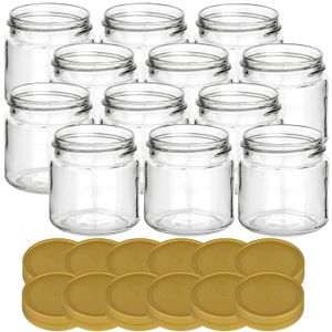 gouveo 12er Set Honiggläser 250g mit Kunststoff-Deckel goldfarben - Leere Vorratsgläser mit Schraubverschluss - Marmeladengläser zum Befüllen