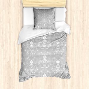 ABAKUHAUS Damast Mantele, Antiker Damast-König, Milbensicher Allergiker geeignet mit Kissenbezügen, 135 cm x 200 cm - 80 x 80 cm, Grau und Weiß
