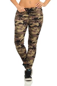 Damen Jogginghose Thermo Sporthose Fitness Freizeithose mit Taschen,  Camouflage-Beige S/M