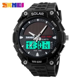 SKMEI Módní solární napájení duální čas sportovní mise hodinky vodotěsné náramkové hodinky pro muže a ženy, černé