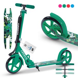 AREBOS Grafitti mestská kolobežka s nastaviteľnou výškou | 90 x 38,5 x 93 cm | vrátane popruhu na prenášanie | XXL kolesá | pedálová brzda | pre deti a dospelých | zelená