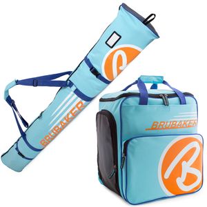 BRUBAKER Kombi Set CHAMPION - Skisack 170 cm und Skischuhtasche für 1 Paar Ski + Stöcke + Schuhe + Helm Hellblau Orange