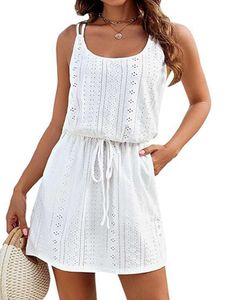 Damen Sommerkleider Kleid Strandkleid Sleeveless Freizeitkleider Ärmellose Kleider Weiß,Größe M