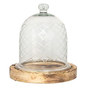 HAES DECO - Dekorative Glaskuppel mit braunem Holzsockel, Durchmesser 22 cm und Höhe 25 cm - ST6GL3532HS