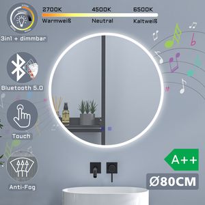 Badspiegel mit Bluetooth Spiegel Rund 80cm Kalt/Neutral/Warmweiß dimmbar Touch-Schalter Anti-Beschlag Badezimmerspiegel Spiegel Energiesparend Lichtspiegel IP44