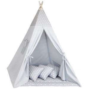 Tipi Zelt für Kinder Spielzelt Tippi Kinderzelt Kinderzimmer Teepee Wigwam zelt Outdoor Indoor Set mit Spielmatte und 3 Kissen Grau mit Sternen