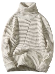 Herren Rollkragenpullover Chunky Cable Pullover Gemütliche Langarm Strickpullover Weiß,Größe XL
