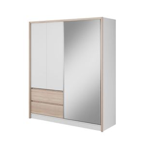 Schwebetürenschrank mit Spiegel und Schubladen 180 cm Weiß/Sonoma-Eiche
