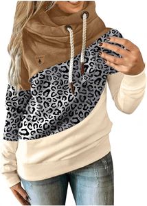 Damen Hoodie Langarmshirt Colorblock Sweatshirt Stripe Casual Hoodie Drawstring Top 3 Leopard Khaki  Groß