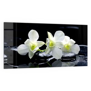 DEQORI Küchenrückwand Glas 100x50 cm 'Orchidee mit Zen-Steinen' Spritzschutz Bad Rückwand