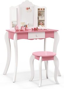COSTWAY Detský toaletný stolík so stoličkou, toaletný stolík s 3-komorovým odnímateľným zrkadlom, drevený kozmetický stolík pre dievčatá so zásuvkou 68x42x100cm (ružová+biela)