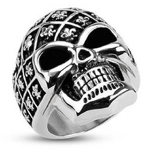 Totenkopf Ring Herren Edelstahl Biker Skull Helm Ring Gothic Massiv Fleur de Lis silber 75 - Ø 23,83 mm