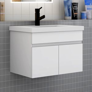 Badezimmer Badmöbel 60 cm Mineralguss Waschtisch mit Unterschrank Hängeschrank Badezimmerschränke Badschrank mit 2 Türen Weiß Matt