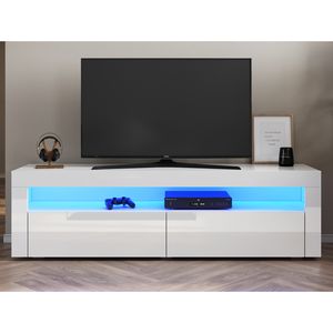 SUNXURY Lowboard TV-Schränke Weiß  Hochglanz mit LED Beleuchtung, 12-LED-Farben, mit 2 Klapptür, Griffloses Design 155x 40 x 45cm