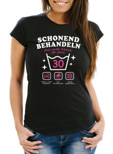 Damen T- Shirt Geschenk zum 30. Geburtstag Parodie Waschanleitung lustiges Geschenk für Frauen MoonWorks® schwarz M