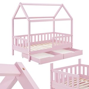 Juskys Kinderbett Marli 80 x 160 cm - Bettkasten, Gitter, Lattenrost & Dach - Holz Rosa