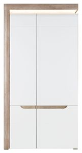 Furniture24 Kleiderschrank Irma IM9 Schrank Wohnzimmerschrank 2 Türiger Drehtürenschrank mit 4 Einlegeboden 2 Kleiderstangen und Led Beleuchtug Eiche/Weiß Hochglanz