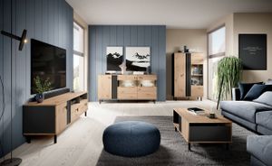 GRAINGOLD Möbelset auf Beinen für Wohnzimmer Malone - 4 teiliges Komplett - Glasvitrine, Kommode, TV-Schrank, Couchtisch - Artisan Eiche / Anthrazit