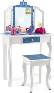 2 in 1 Schminktisch Kinder mit Hocker und Abnehmbarer Spiegel, Prinzessin Frisiertisch mit Schublade Kosmetiktisch aus Holz, Kinderschminktisch für Mädchen mit Haarreif-Set (Blau)