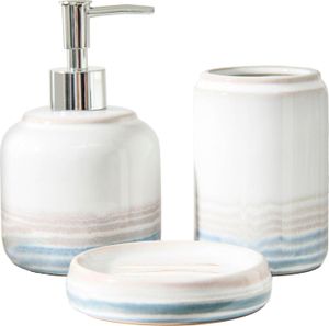 Bad-Accessoires-Set, 3 Teile Seifenschale, Seifenspender, Becher, in Beige/Weiß Weiß