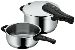 WMF Perfect Schnellkochtopf Set Induktion 2-teilig, Dampfkochtopf 4,5l + 3l, Cromargan Edelstahl poliert, 2 Kochstufen, Einhand-Kochstufenregler