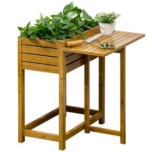 Outsunny Hochbeet Blumenkasten Pflanzkasten mit klappbarer Tischplatte, Kräuterbeet mit Innenverkleidung aus Vlies, für Garten, Terrasse, Holz, Braun, 64 x 63 x 74,5 cm