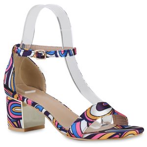 VAN HILL Damen Klassische Sandaletten Blockabsatz Prints Absatz-Schuhe 840888, Farbe: Blau Pink Weiß Muster, Größe: 39