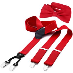 DonDon Herren 3,5 cm breiter Hosenträger in Y-Form elastisch und verstellbar im 2er Set mit farblich passender Fliege 12 x 6 cm Rot