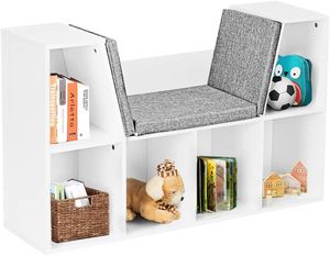 Kinder Bücherregal mit Sitzkissen, Bücherschrank Holz, Standregal mit 2 Ebene und Abnehmbarem Kissenbezug, Raumteiler Büroregal für Wohnzimmer Schlafzimmer (Weiß)