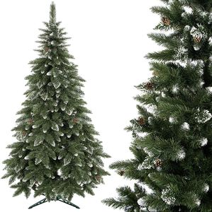 SPRINGOS Umělý vánoční stromek Premium 220 cm Diamond Pine s umělým sněhem a skutečnými šiškami Zimní optika