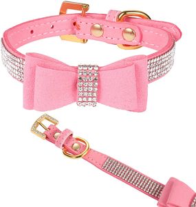 Hunde-/Katzenhalsband Kristallsamt-Lederhalsband mit Bowknot-Strasshalsbändern für Welpen/Kätzchen, kleine Hunde und Katzen