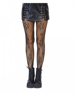 Gothic Netzstrumpfhose mit Pentagram Motiv als Kostümaccessoire für Halloween und im Alltag